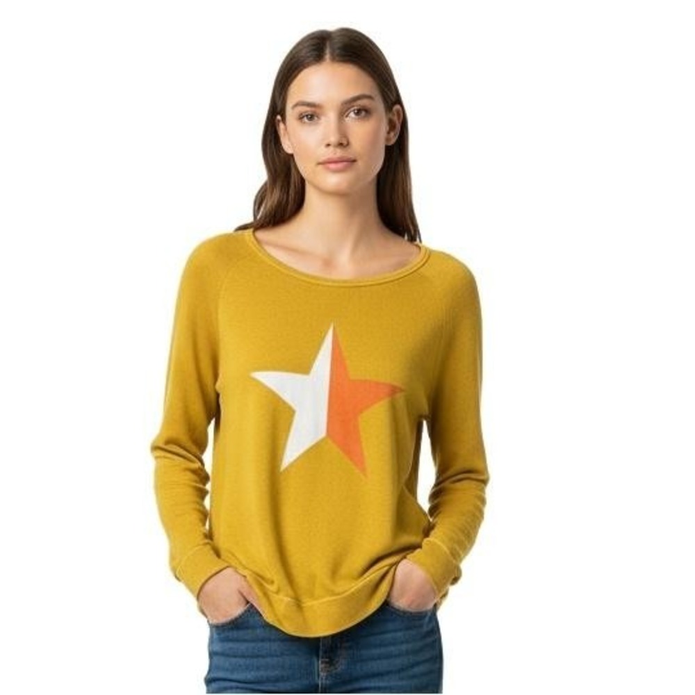 SUNDRY Women Pullover Size 0 Mustard Yellow Crewneck Star Graphic Casual